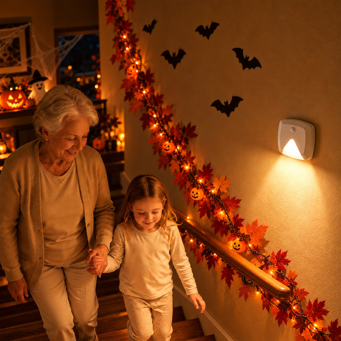 Hokolite wall-mounted LED night light illuminating a Halloween decorated staircase