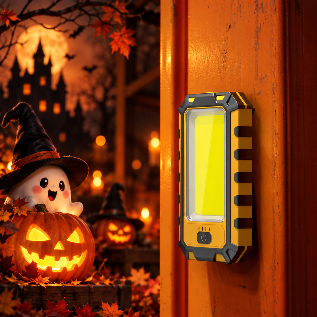 Hokolite rectangular COB LED work light mounted on a wall in a Halloween setting