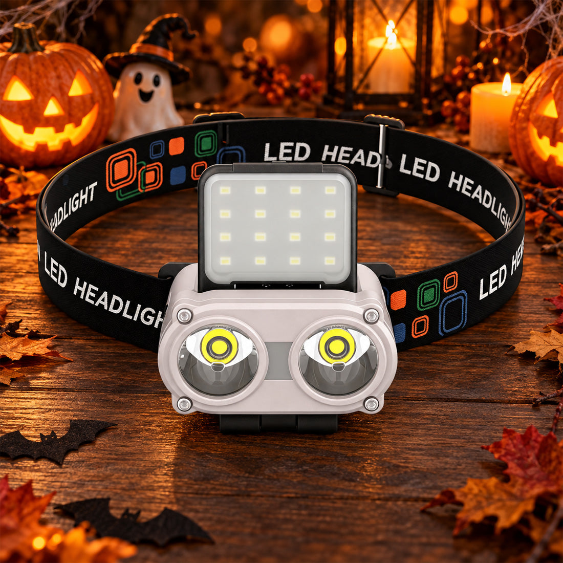 Hokolite LED headlamp with dual spotlights and rectangular light panel in a Halloween setting