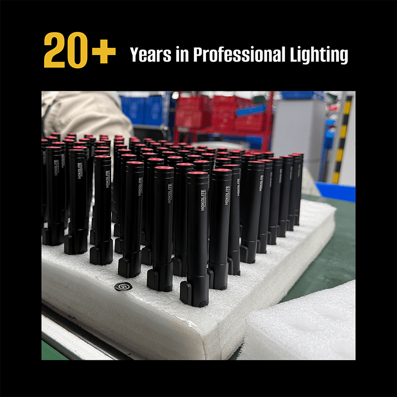 hoko-20-plus-years-in-professional-lighting-rows-of-flashlights-with-worker-inspecting-in-background