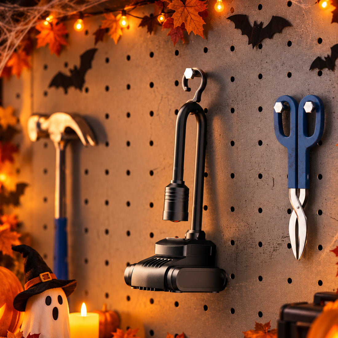 Hokolite hanging LED work light with adjustable hook on a Halloween decorated tool wall
