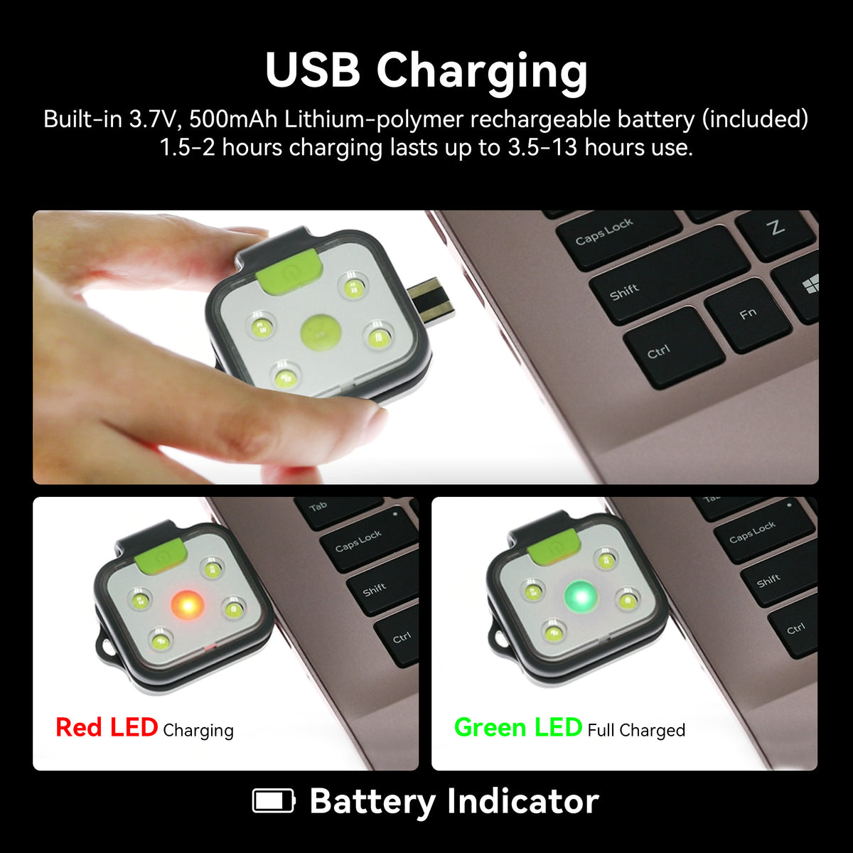 Rechargeable LED running light with up to 13 hours of runtime on low brightness mode for extended outdoor use