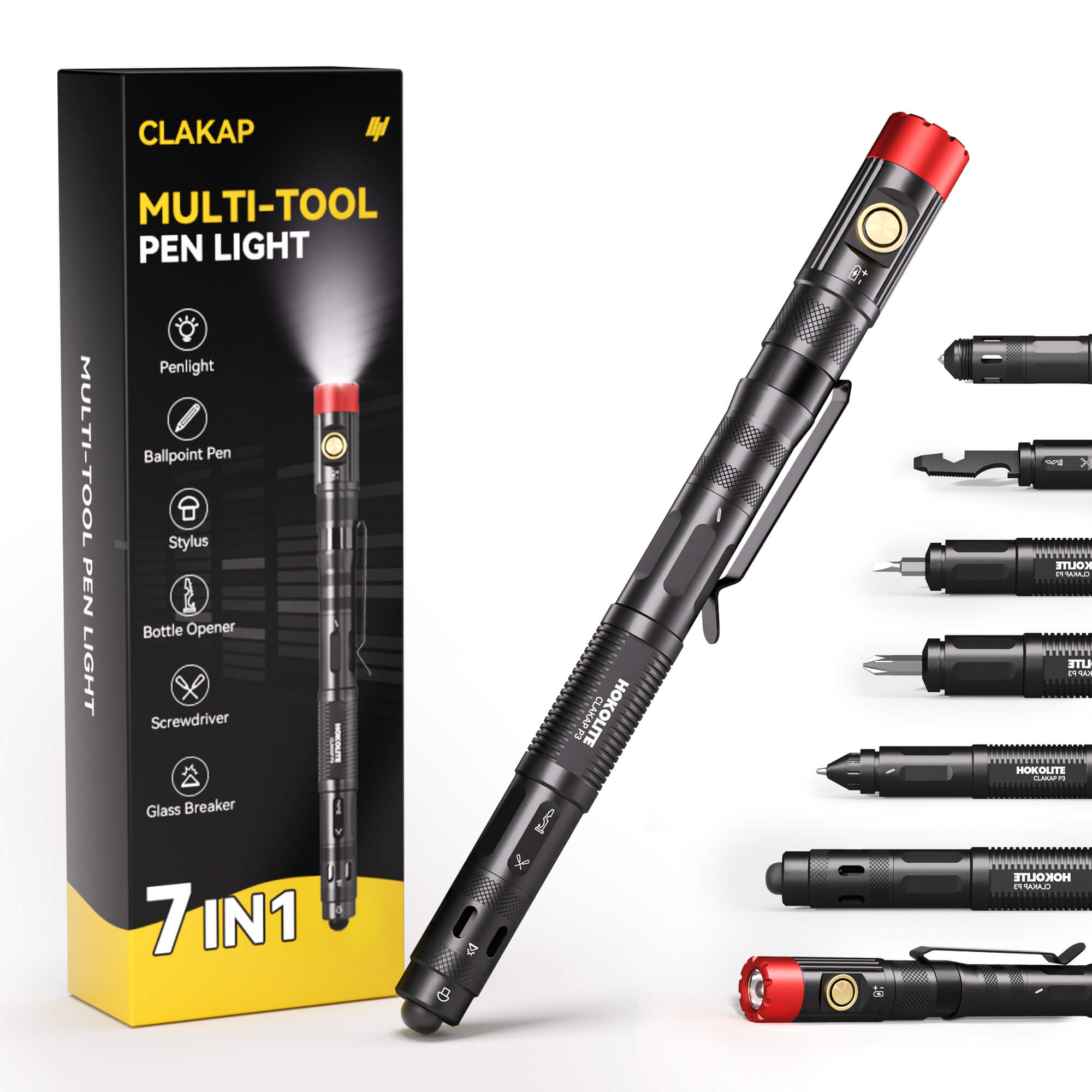 HOKOLITE CLAKAP P5 7-in-1 Rechargeable Multitool Pen Light for Inspection & Emergency