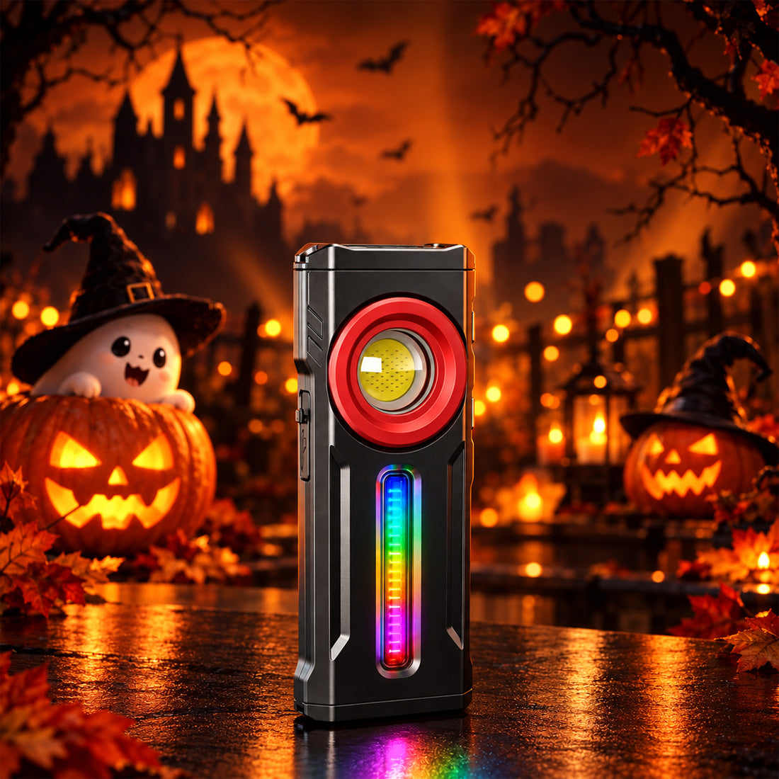 Hokolite compact LED work light with colorful side light in a Halloween pumpkin setting