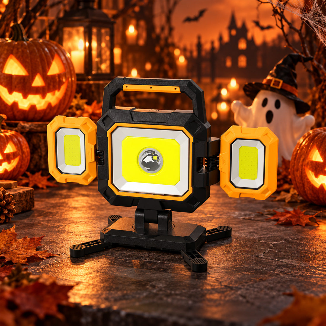 Hokolite portable triple-panel LED work light with folding side lights in a Halloween setting