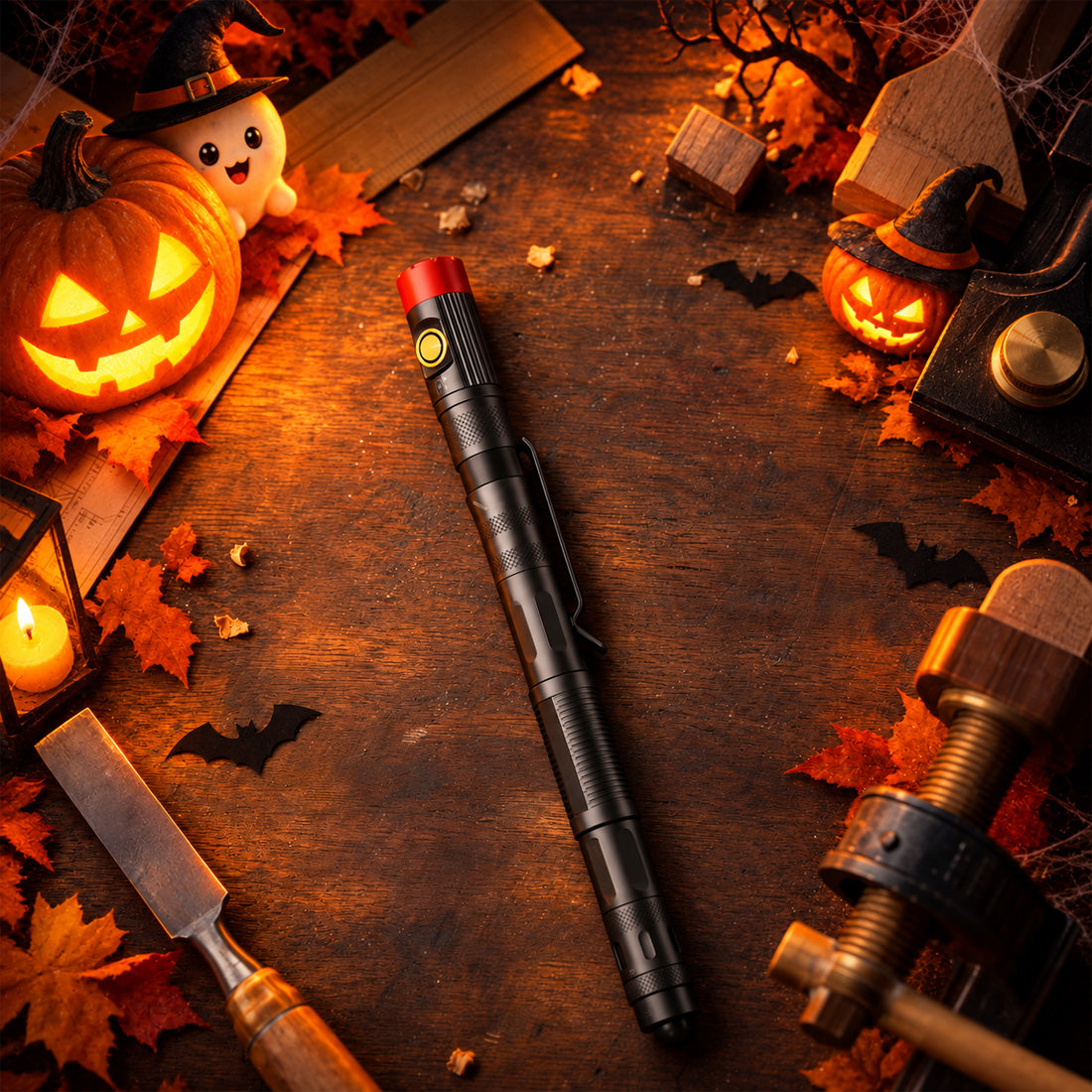 Hokolite slim rechargeable LED flashlight with pocket clip in a Halloween workshop setting
