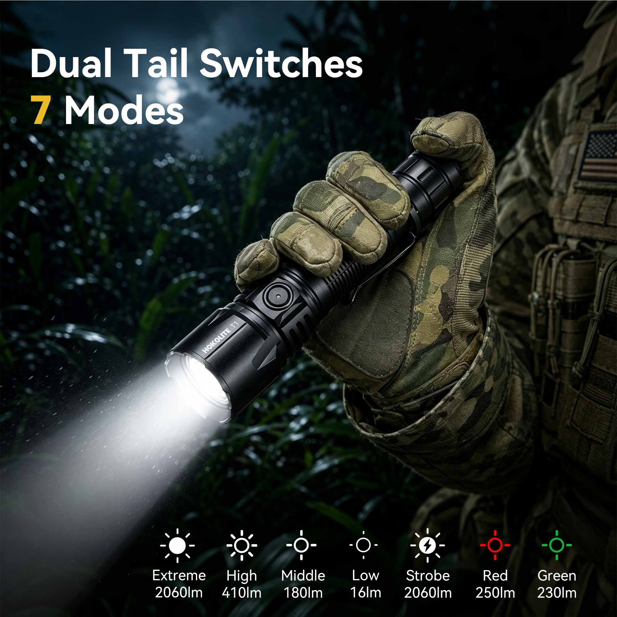 T1 - 2060LM Rechargeable Tactical Flashlight with White, Red & Green Light for Outdoor&Hunting