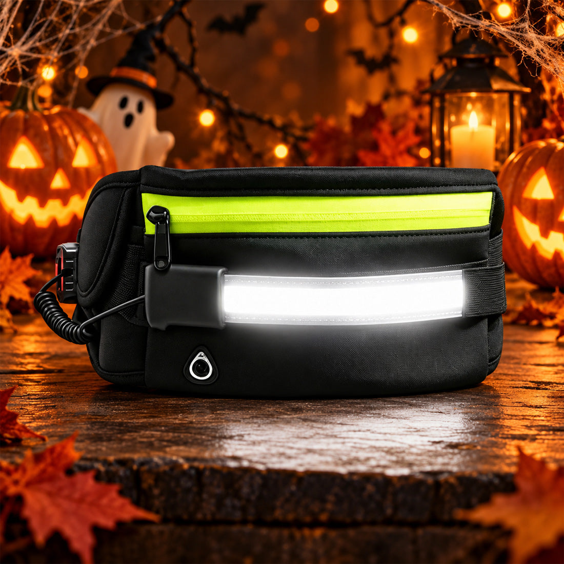 Hokolite wearable COB LED light with waist pouch in a Halloween pumpkin setting