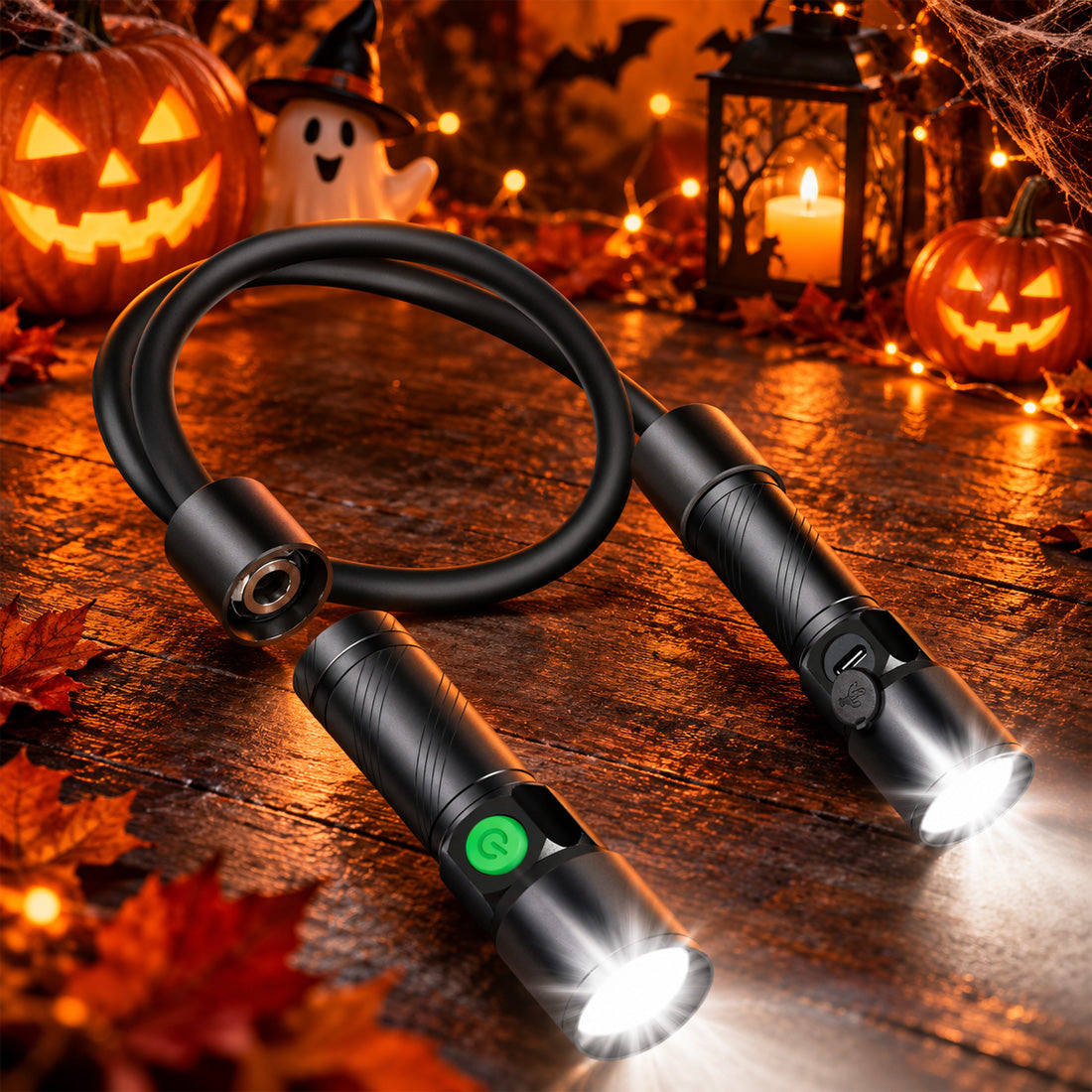 Hokolite flexible neck LED flashlight with dual light heads and illuminated pumpkins