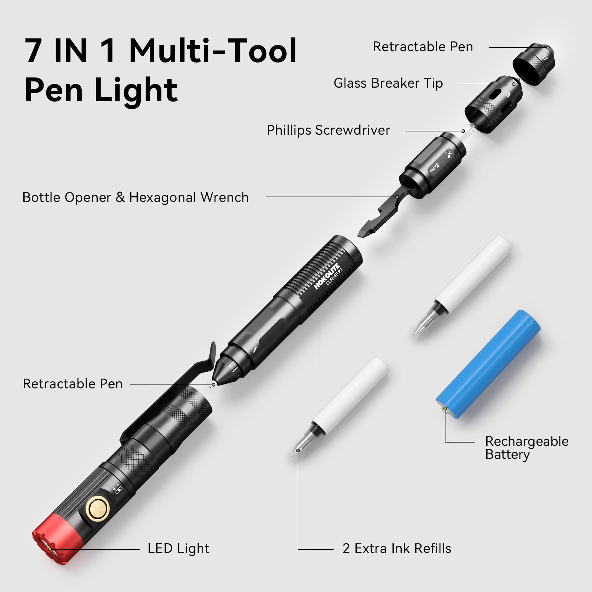 HOKOLITE CLAKAP P5 7-in-1 Rechargeable Multitool Pen Light for Inspection & Emergency