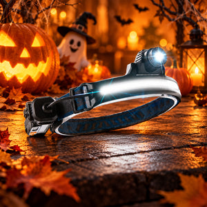 Hokolite LED headlamp with COB light strip and spotlight in a Halloween setting
