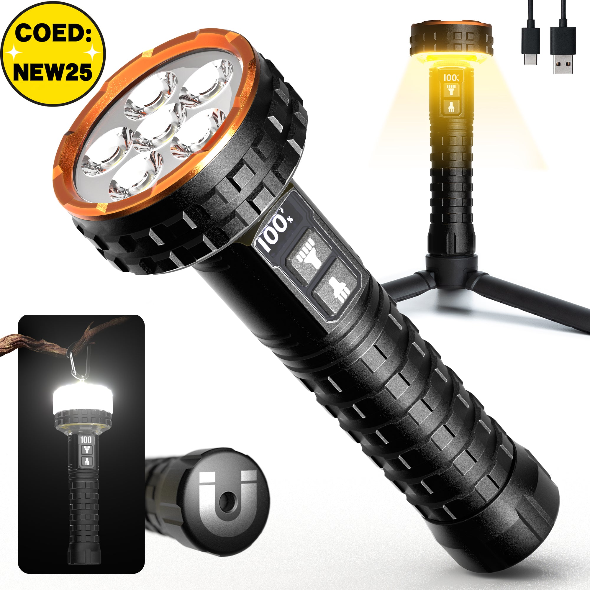 5000 Lumens Multifunctional Rechargeable Flashlight with Bidirectional Lighting