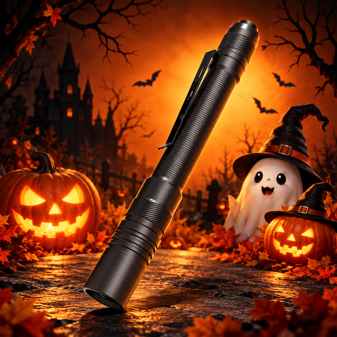Hokolite black tactical LED flashlight with pocket clip against a Halloween castle backdrop