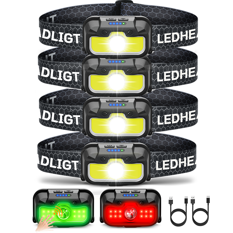 Rechargeable LED Headlamp 1300LM with Green/Red Light - Hokolite 4 Pack