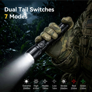 T1 - 2060LM Rechargeable Tactical Flashlight with White, Red & Green Light for Outdoor&Hunting
