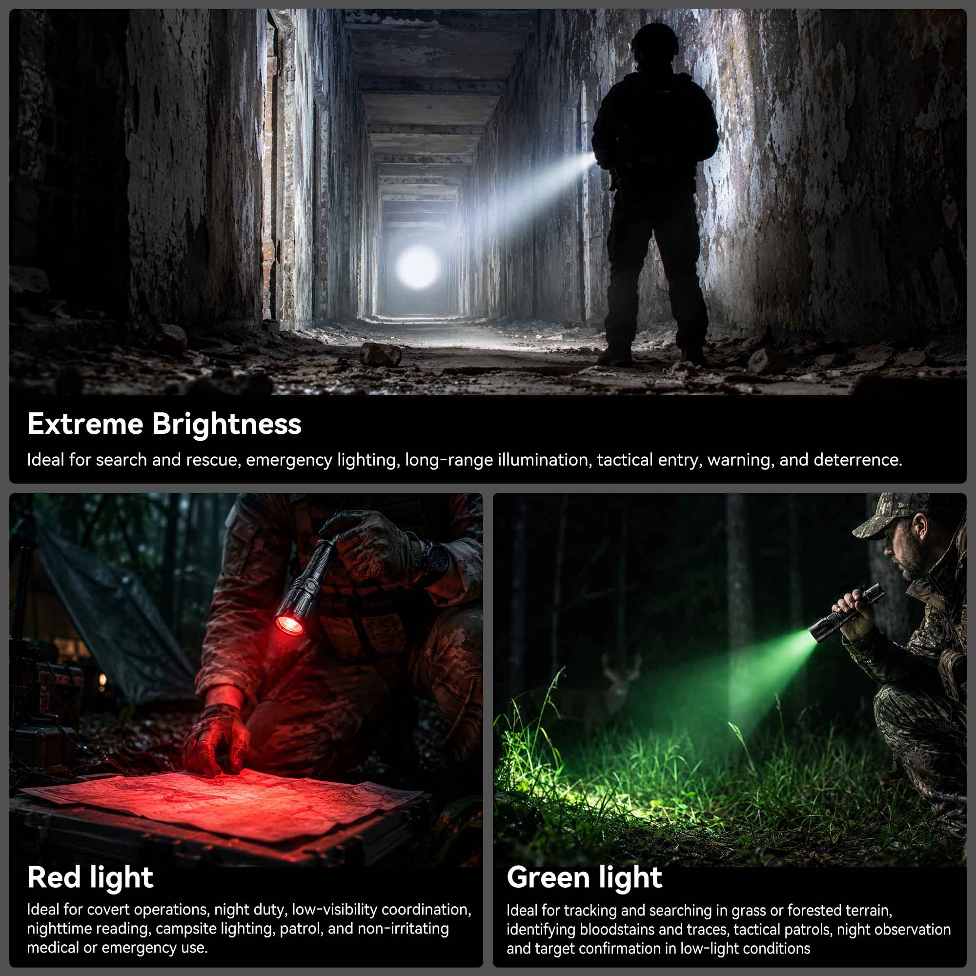 T1 - 2060LM Rechargeable Tactical Flashlight with White, Red & Green Light for Outdoor&Hunting