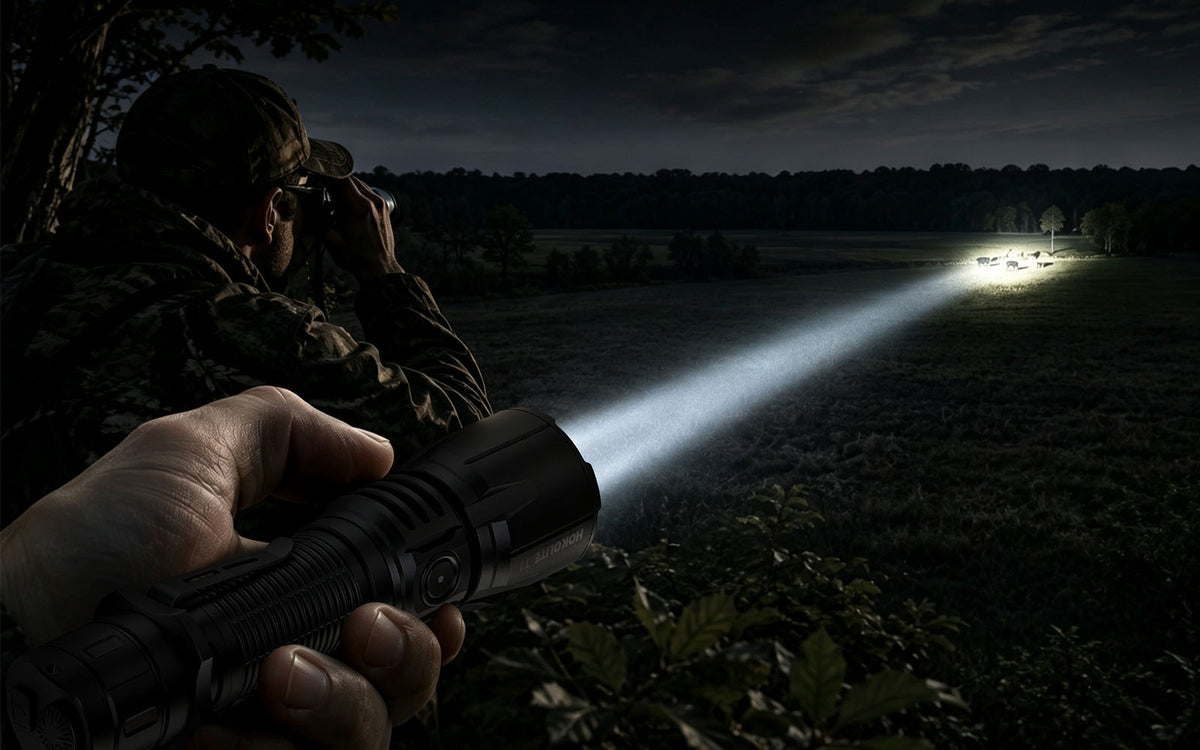 HOKOLITE T1 white beam illuminating a hunting trail