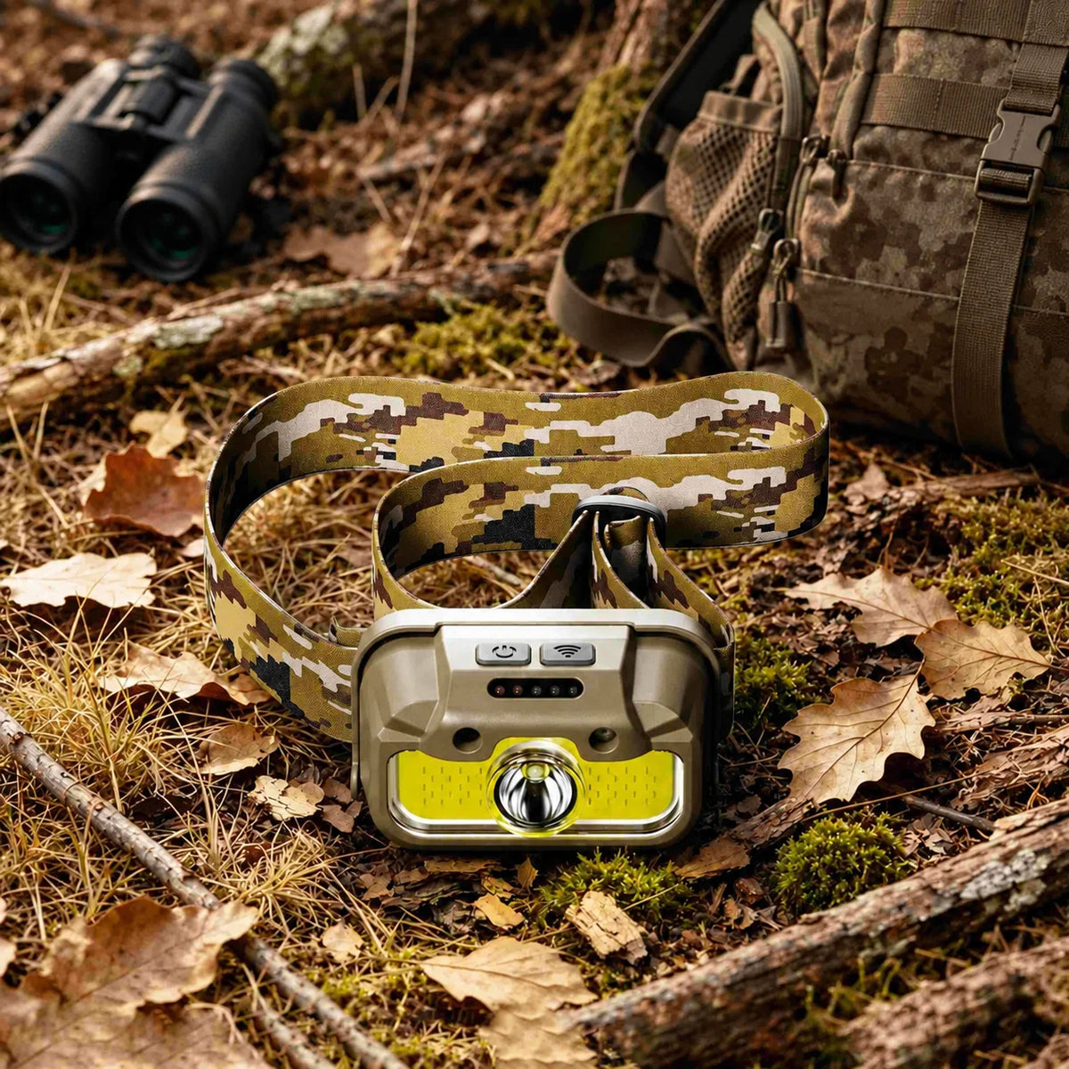 R1 Plus light camouflage headlamp on a woodland floor