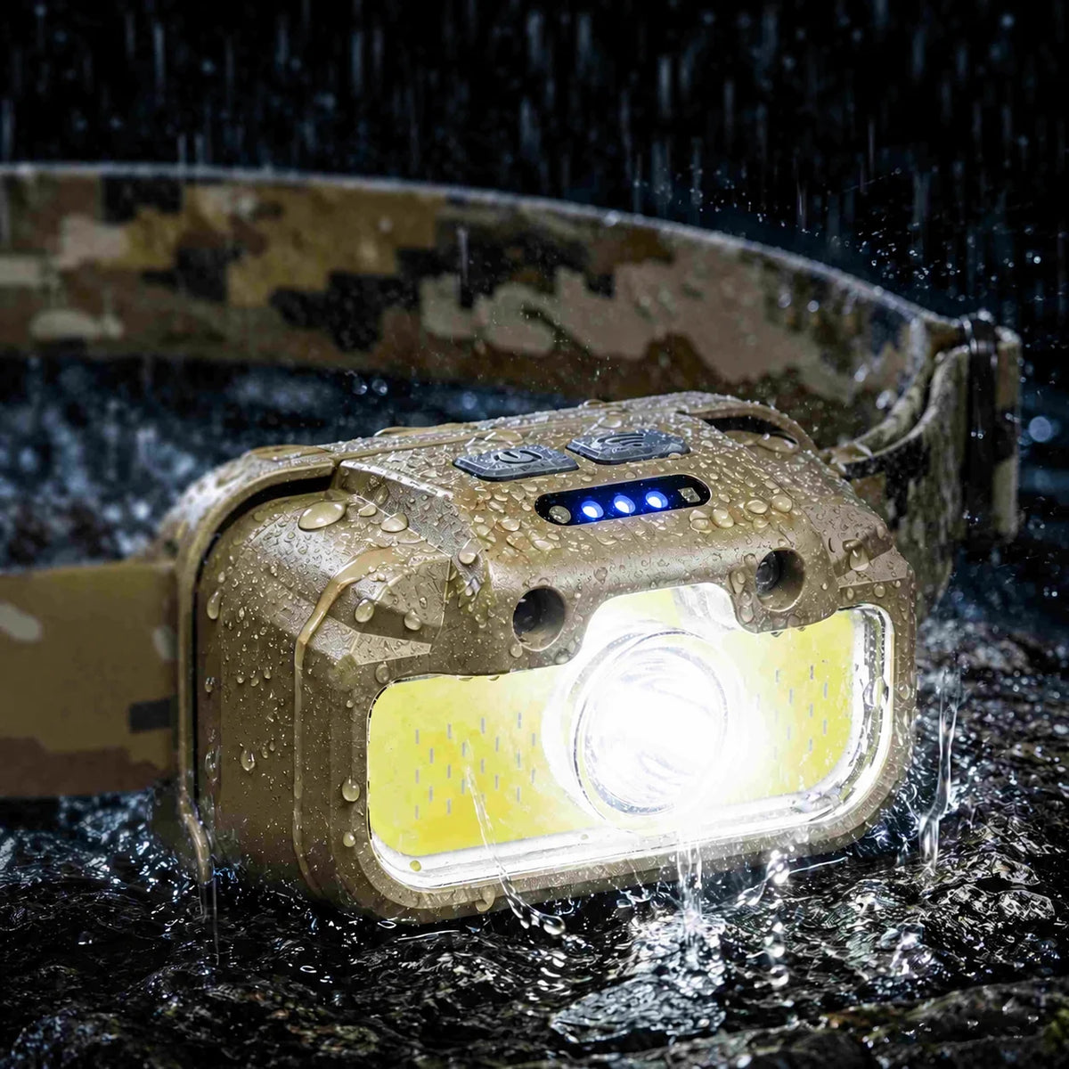 R1 Plus headlamp with water droplets