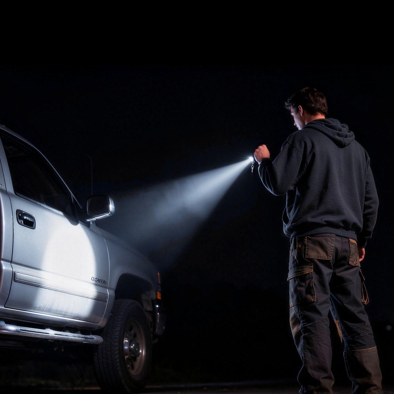 person-holding-hoko-keychain-light-shining-on-car-tire-small-flashlight-powerful-wide-beam