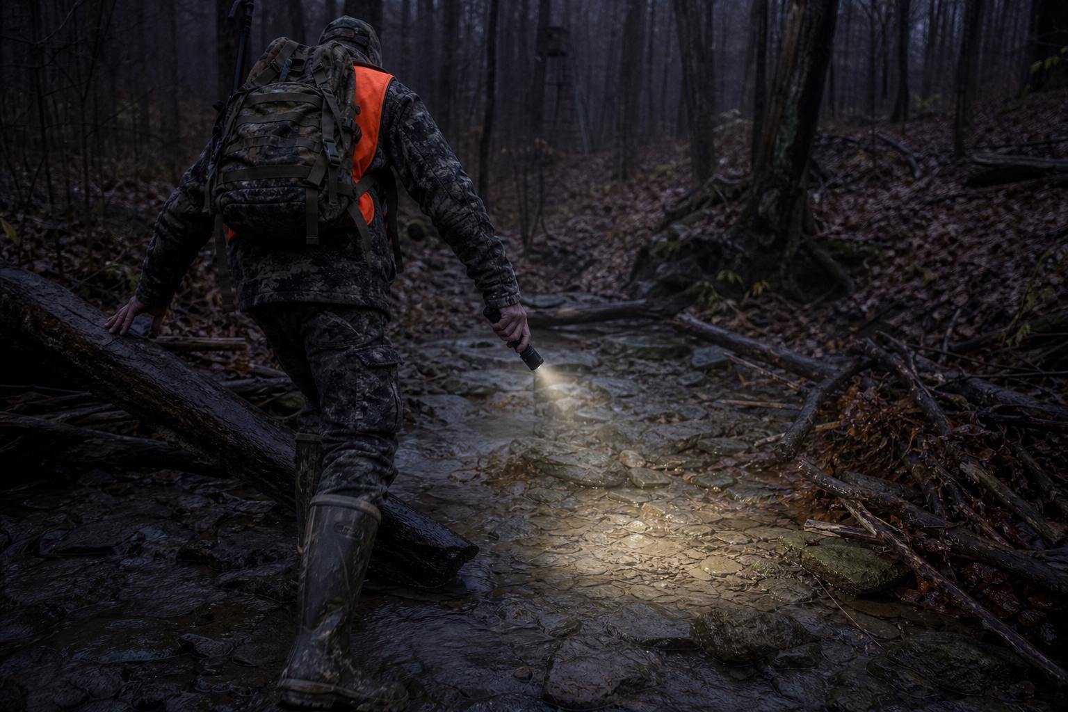 Hunter using the HOKOLITE T1 during a rain-soaked creek crossing