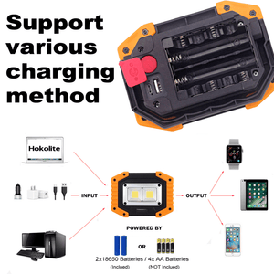 Hokolite portable floodlight support 2 charging methods: rechargeable batteries or 4xAA batteries 
