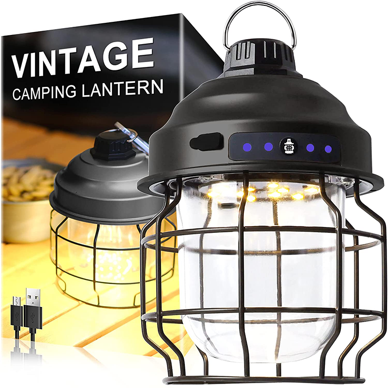 Vintage Metal Hanging Camping Lanterns 3600mAh Battery Powered Warm Light Led  Camp Lantern Rechargeable Tent Light