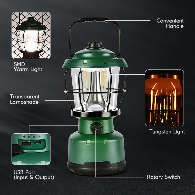Vintage Rechargeable Led Lamp  Camping Lantern Usb Port - Camping