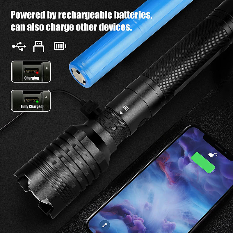9000 Lumens Rechargeable Flashlight With COB Work Light - Super Bright XHP90.2 LED, 14 Modes, Zoomable, IPX6 Waterproof, Power Bank Function